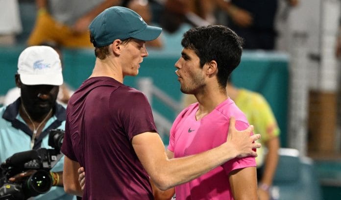 Miami Gardens FL, USA. 31st Mar, 2023. Carlos Alcaraz Vs Jannik Sinner during the Mens Semi Finals at the 2023 Miami Open held at at Hard Rock Stadium on March 31, 2023 in Miami Gardens, Florida. Credit: Mpi04/Media Punch/Alamy Live News